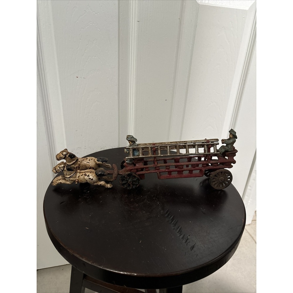 Vintage Two Horse Drawn FIRE WAGON Cast Iron Original Paint with Ladders